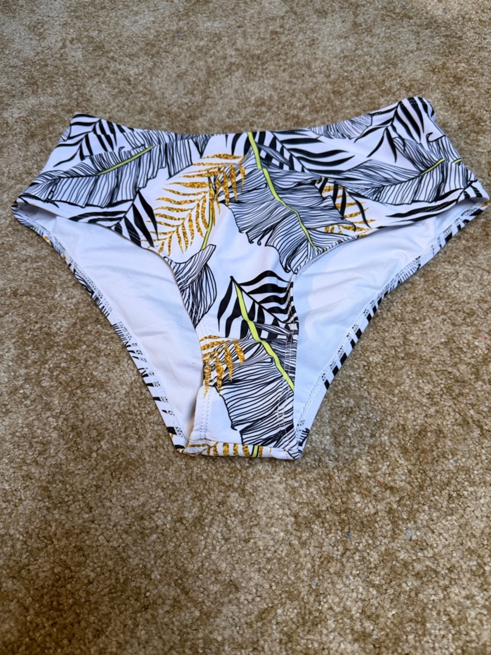 SHEIN White High-Waist Bikini Bottoms with Black Leaf Print and Yellow Accents
